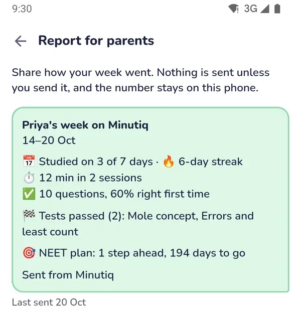 The weekly report: days studied, time, questions, tests passed and the plan